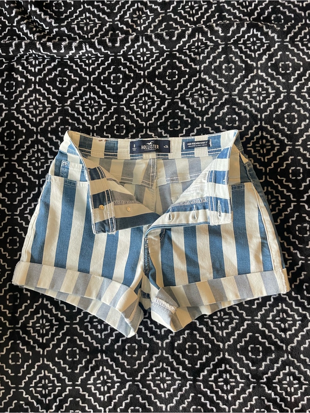 Hollister Blue and White Striped Cuffed Denim Shorts Women’s